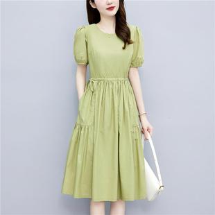 连衣裙女夏2025新款 纯棉短袖 小个子收腰显瘦气质设计感褶皱a字裙