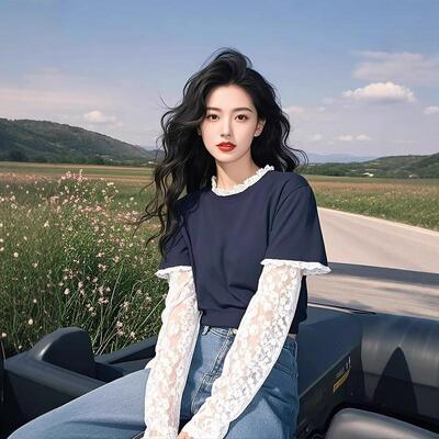 藏蓝色假两件蕾丝拼接圆领长袖t恤女春秋设计感独特漂亮外穿上衣