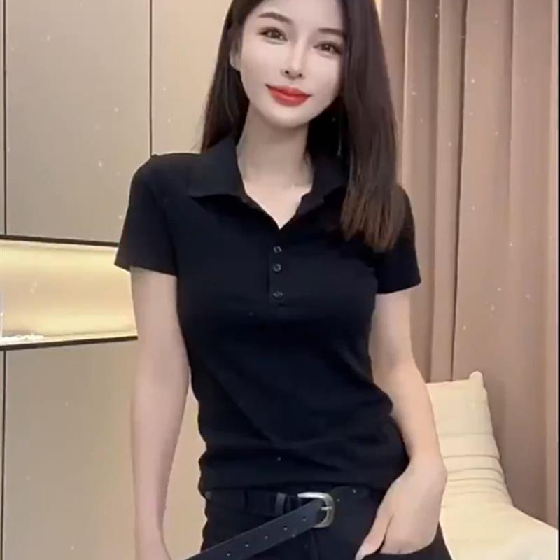 黑色polo领正肩短袖女t恤夏2025新款设计感小众洋气减龄百搭上衣