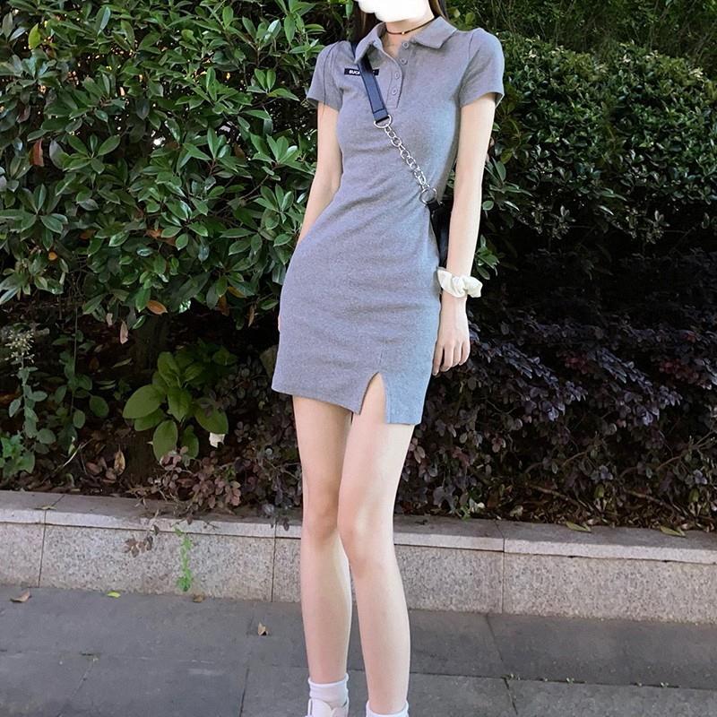 polo领连衣裙女夏季欧货纯棉性感紧身辣妹小个子开叉包臀T恤短裙