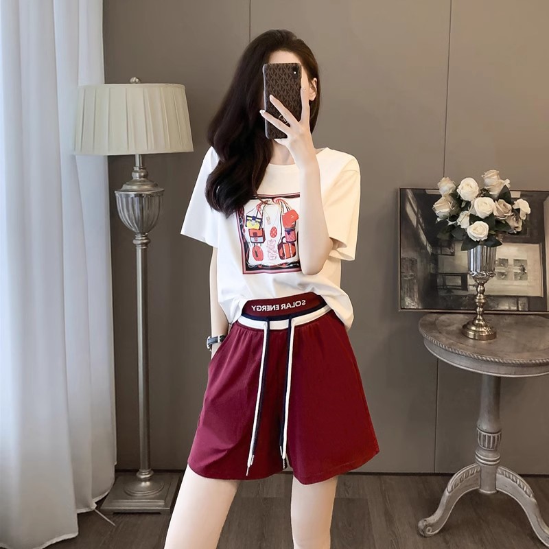 短袖短裤休闲运动套装女夏季2025时尚网红洋气宽松跑步印花两件套