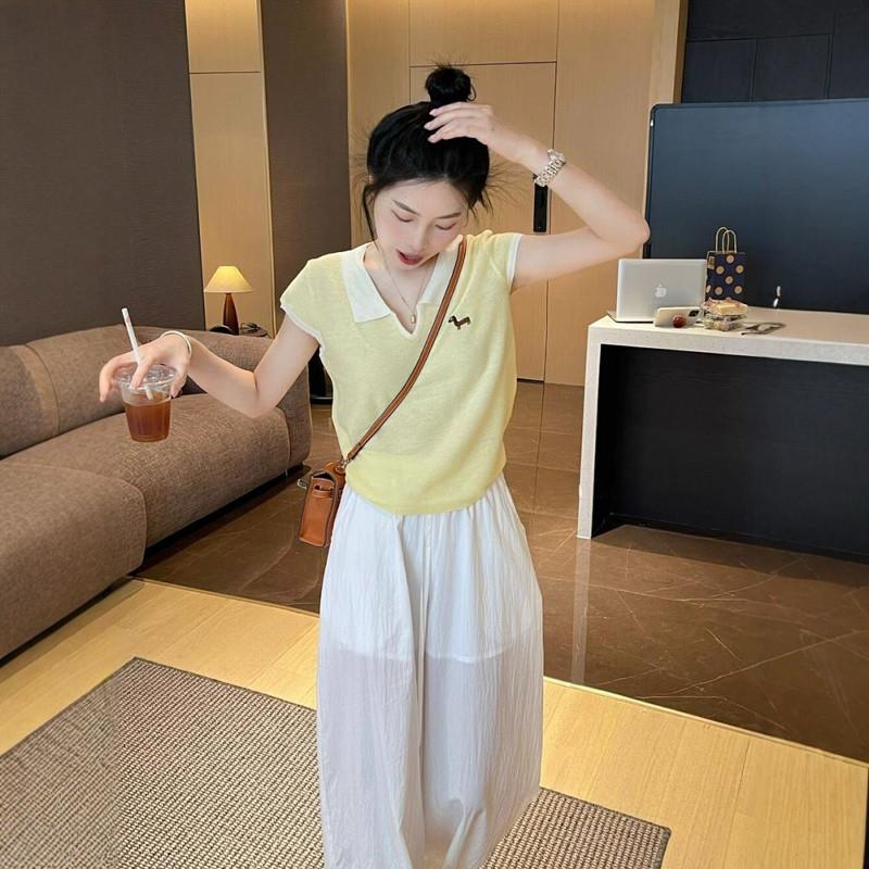 黄色Polo领t恤女夏正肩撞色拼接刺绣短袖针织衫V领短款上衣小个子