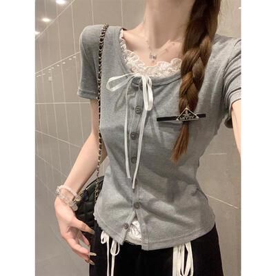 假两件蕾丝蝴蝶结短袖t恤女夏季绝美设计感小众显瘦修身上衣收腰