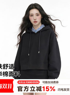 猫人黑色短款连帽卫衣女2026秋季新款宽松显瘦休闲百搭套头上衣Z