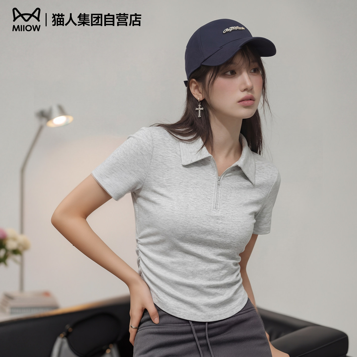猫人韩系气质灰色polo领正肩短袖t恤女褶皱收腰显瘦修身上衣夏季