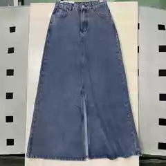 New Spring and Summer French-Style Casual Denim Skirt, Vintage Washed Slit Denim A-Line Midi Skirt, Extended Length
