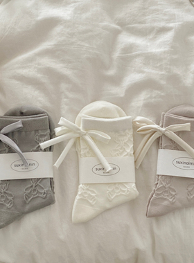 春夏灰色蝴蝶结无骨袜日系立体浮雕小熊中筒堆堆女袜