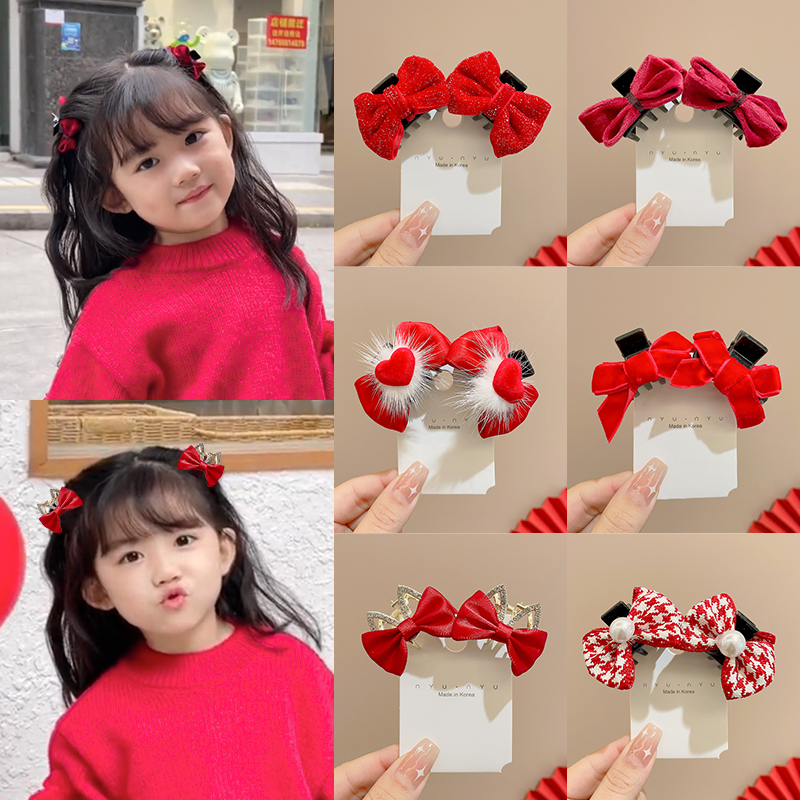 红色蝴蝶结发夹公主头小抓夹发饰儿童新年发卡女童前额侧边刘海夹