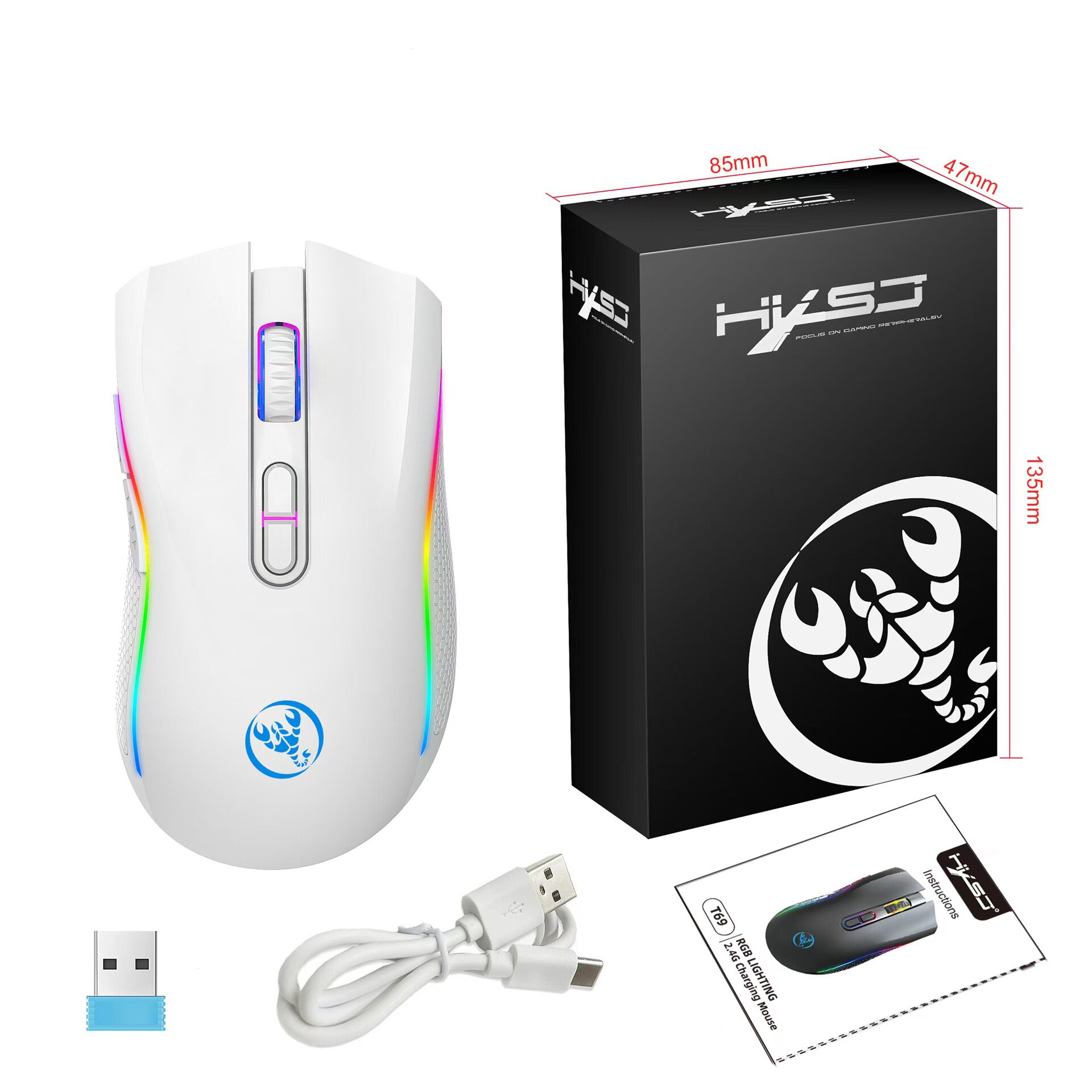 충전식 2.4G 무선 RGB 게이밍 마우스 인체공학적 게이밍