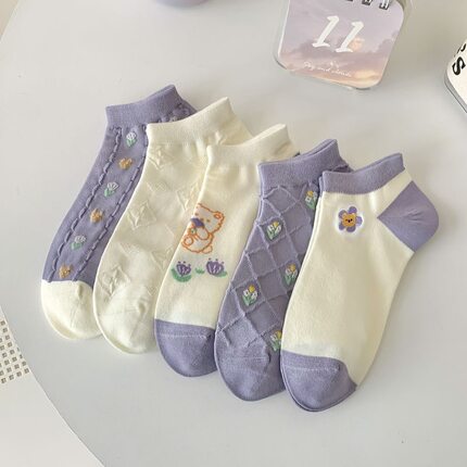 紫色袜子女短袜夏季薄款透气吸汗浅口船袜日系甜美可爱少女短筒袜