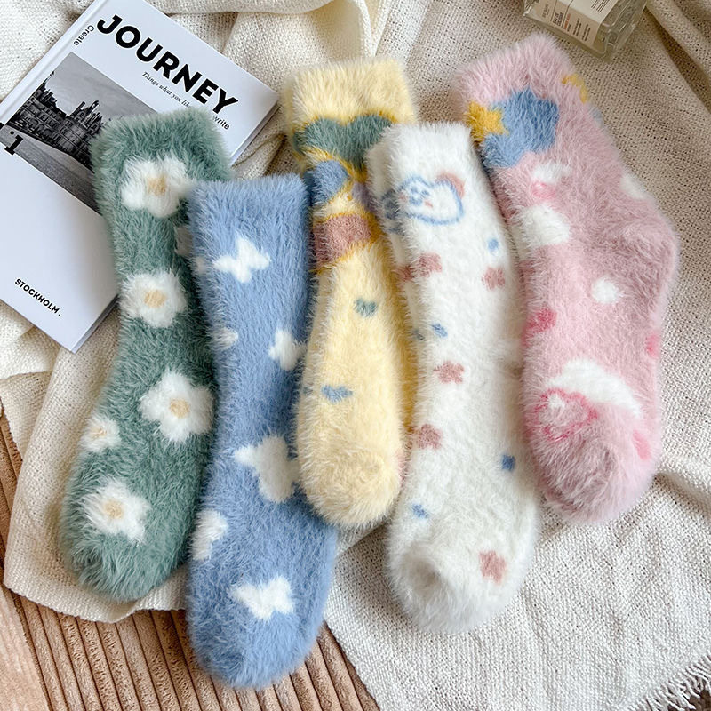 秋冬女加绒加厚珊瑚绒睡眠中筒袜