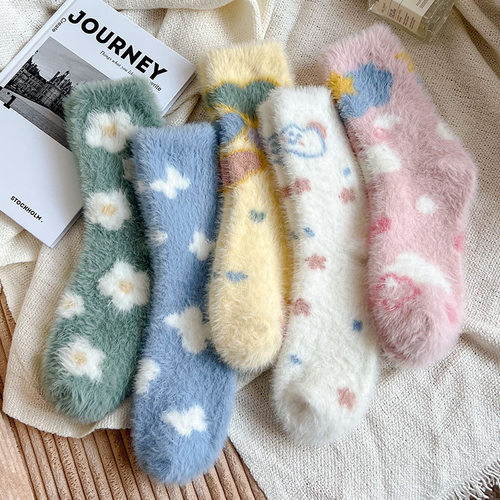 秋冬女加绒加厚珊瑚绒睡眠中筒袜