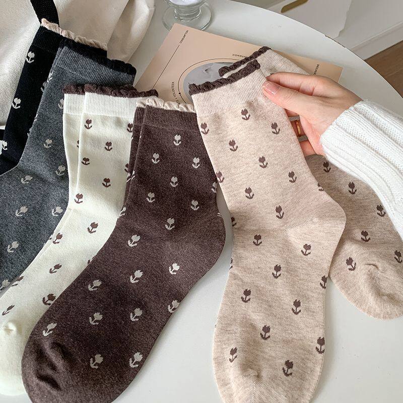 咖色袜子女款春秋季薄中筒袜搭配勃肯鞋复古棕色美拉德堆堆袜女士