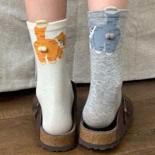 白色袜子女款中筒袜夏季薄款纯棉搞怪卡通灰色长袜可爱猫咪蛋蛋袜