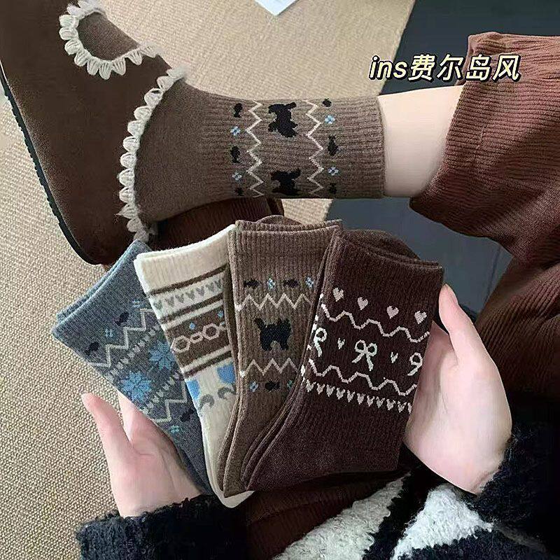秋冬保暖费尔岛复古圣诞女中筒袜