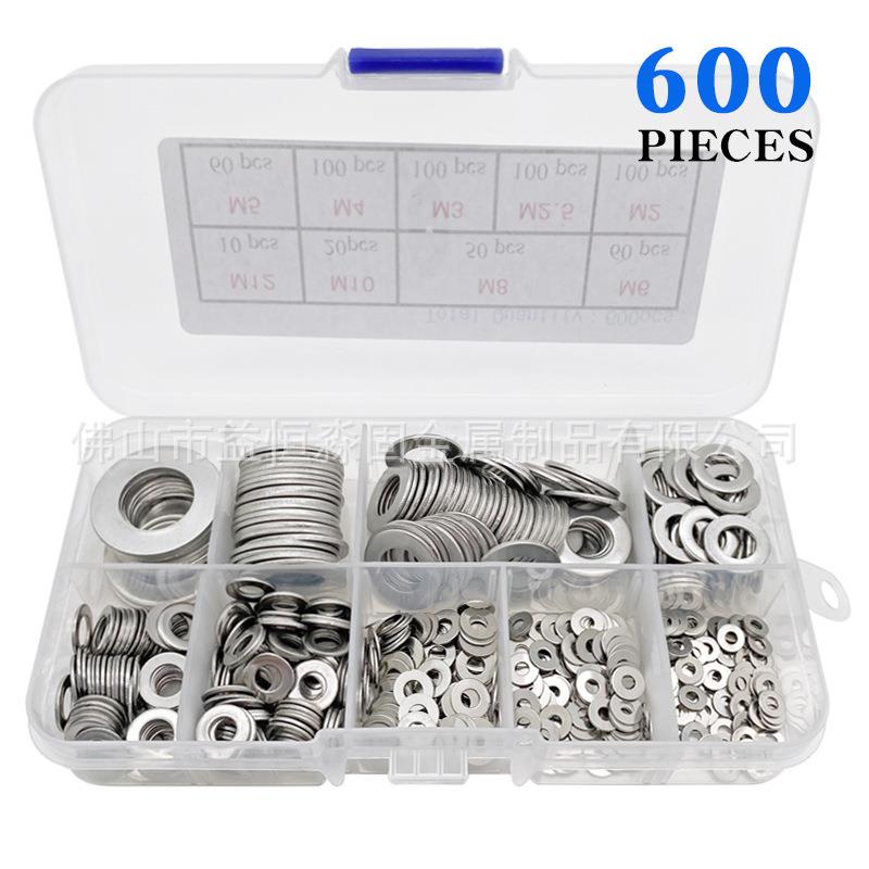 600pcs盒装 304不锈钢平垫圈垫片 M2-M12密封圈圆形Washers组合
