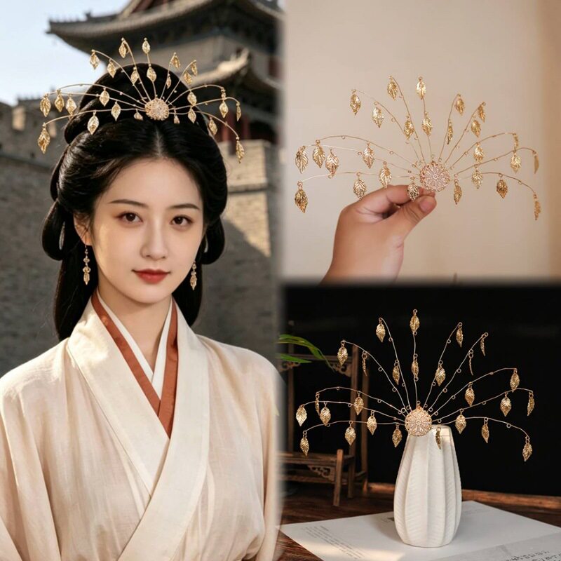 魏晋风金色叶子发冠汉服妆造