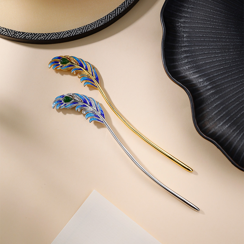 S925银镀金镶嵌天然和田碧玉水滴景泰蓝羽毛简约气质女士发簪
