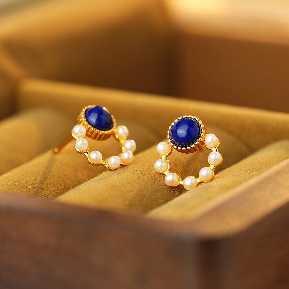 荟宝丽S925银镀金镶嵌天然青金石搭配珍珠时尚镂空简约气质耳钉