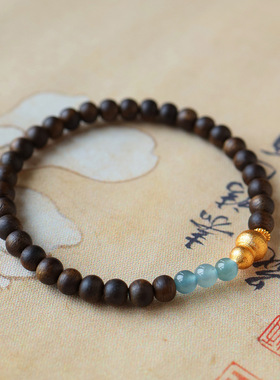 s925银文玩蓝水翡翠串珠5m奇楠沉香木质手串文创单圈手链饰品礼物