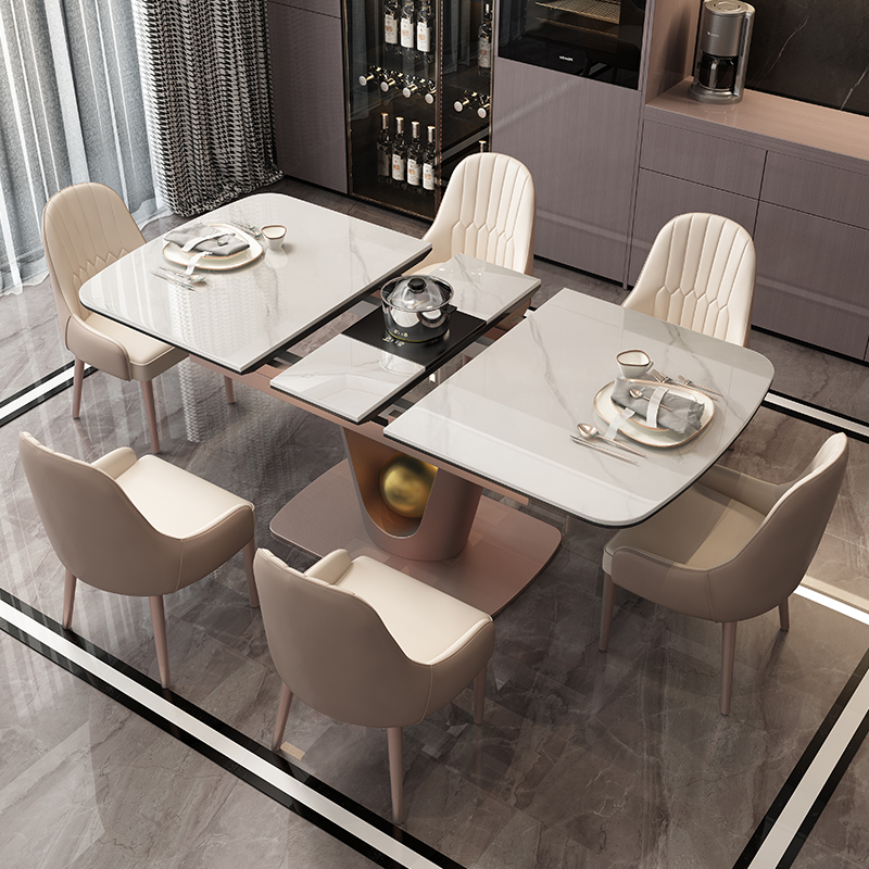 岩板餐桌可伸缩家用长方形u饭桌带电磁炉设计师款佛山高端轻奢餐