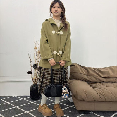 学院风连帽牛角扣毛呢外套女短款粉色大衣减龄高级感