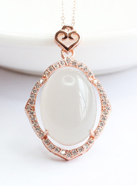 玉金珠宝: S925银镶天然和田玉烟紫鸽子蛋吊坠项链f2042302A