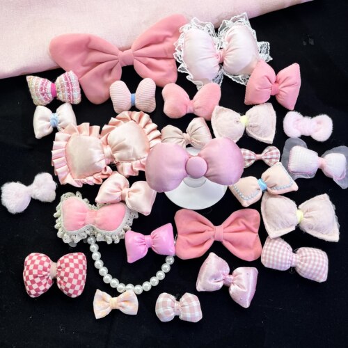 物语手作粉色花边波点丝绒充棉蝴蝶结 甜酷风次元痛包diy鞋花配饰