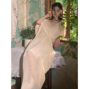 晨袍女新中式禅意复古V领睡袍长裙女法式氛围感度假风小众礼服裙