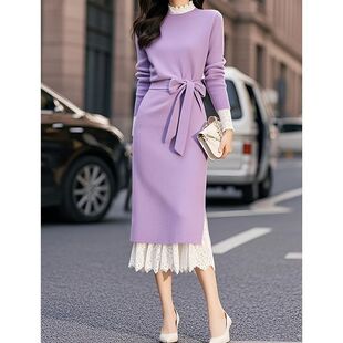 白色蕾丝打底裙新款长裙高端别致绝美小香风长袖紫色连衣裙子套装