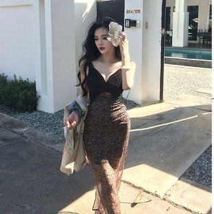 蕾丝女人味连衣裙 雪纺玫瑰长裙v领吊带裙