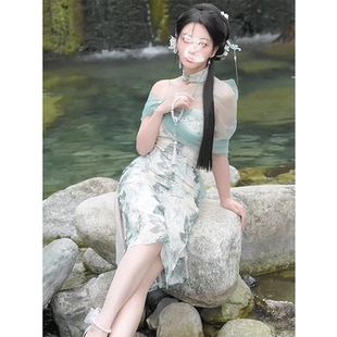 【现货秒发】小众露肩绑带改良旗袍连衣裙国风气质拼接网纱裙子