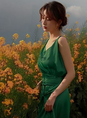 现货夏装2023新款法式温柔御姐风长裙高级感修身绿色吊带连衣裙子