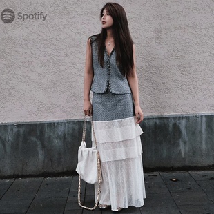 法式小香风灰色马甲套装女夏季很仙高级感无袖上衣半身裙子两件套