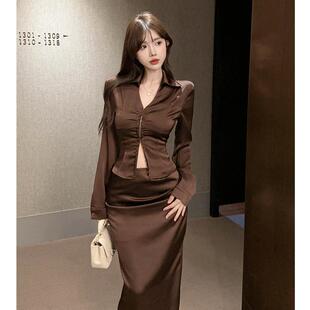 美式复古辣妹纯欲风缎面衬衫半身裙两件套装春装搭配一整套高级感