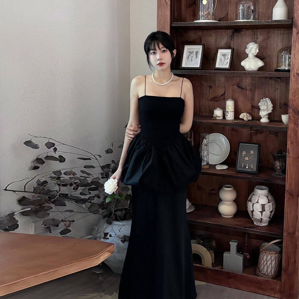 夏季新款黑色套装女吊带抹胸花苞上衣鱼尾半身裙两件套