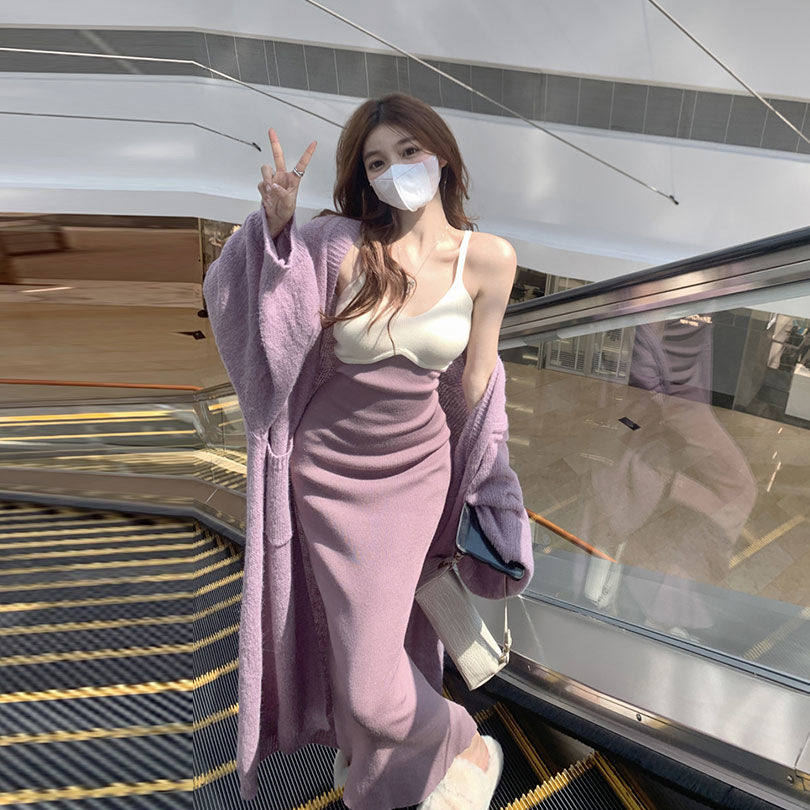 拼色辣妹吊带连衣裙+中长
