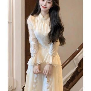 加绒加厚新中式气质旗袍连衣裙女装秋冬新款白色仙气高端国风裙子