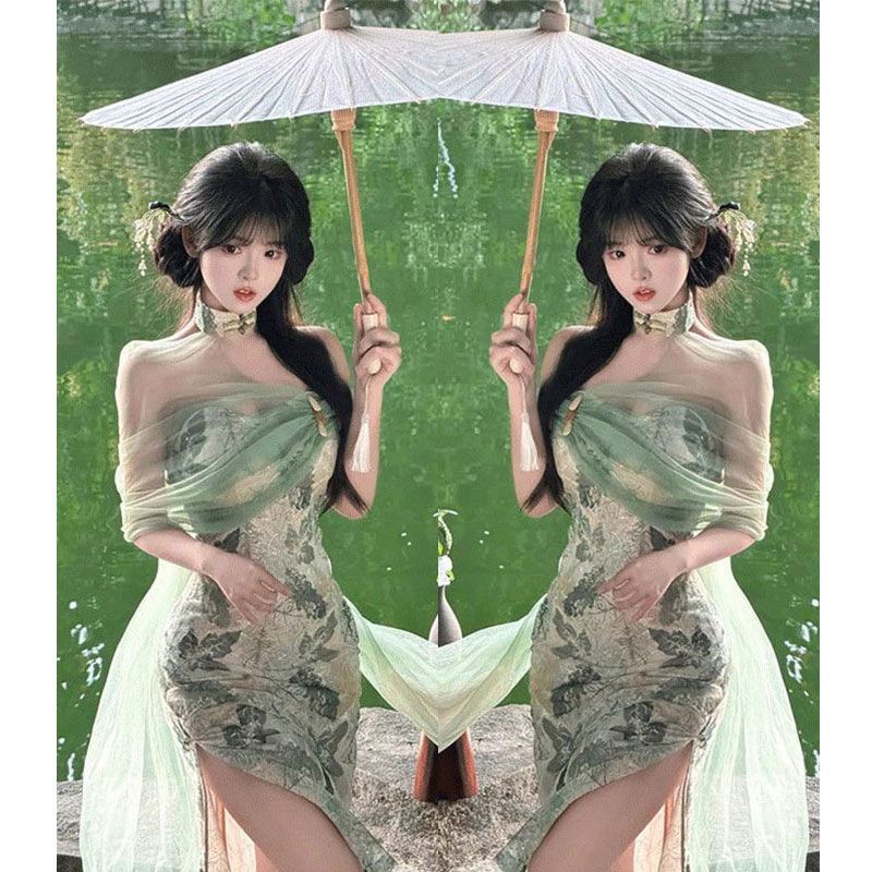 绿色旗袍女新中式连衣裙