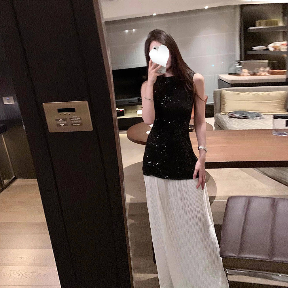 黑色亮片撞色连衣裙小众