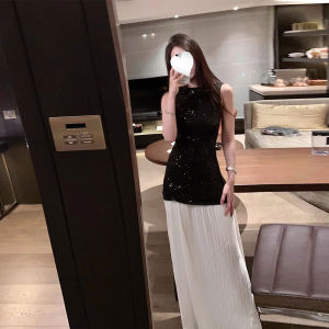 黑色亮片撞色连衣裙小众气感无袖吊带性感千金风露背长裙春季新款