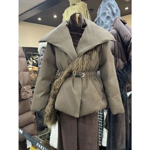 十三行冬季2023新款法式高级感收腰显瘦大翻领中长款羽绒棉服外套