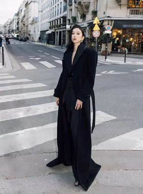 刘令姿同款2024冬季黑色加厚加长版宽肩双面单做毛呢杨树林大衣女