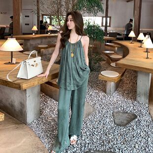 2023夏季新款网红减龄洋气背带吊带休闲运动拖地阔腿裤套装两件女