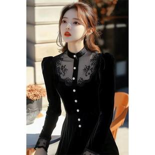 富家千金黑色丝绒连衣裙轻奢高级感秋款女装2024年新款蕾丝小裙子