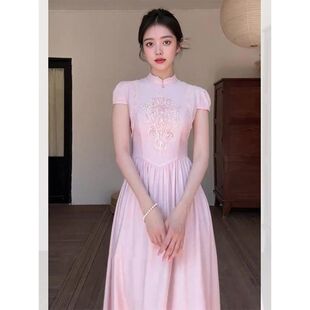 夏季爆款轻奢女装粉色新中式旗袍连衣裙高级感收腰国风气质裙