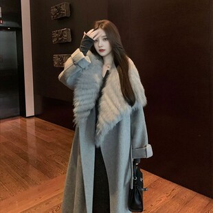 2025年秋冬季新款双面呢子大衣女长款仿狐狸毛领皮草外套