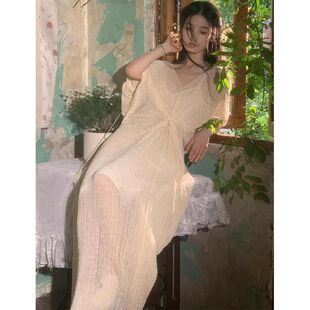 晨袍女新中式禅意复古V领睡袍长裙女法式氛围感度假风小众礼服裙