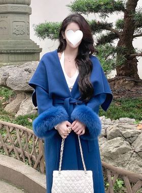 高端毛袖双面毛呢大衣女长款大翻领富家千金气质蓝色外套