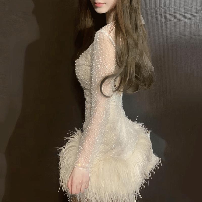 【现货秒发】亮片重工羽毛晚礼服生日party订婚宴年会轻奢小众裙